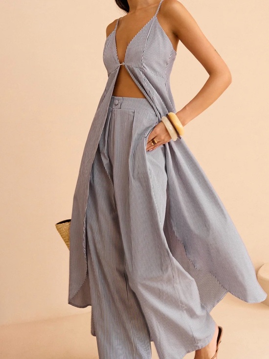 Commense Pants - Commense Blue & White Pinstripe Wide-Leg Jumpsuit Set